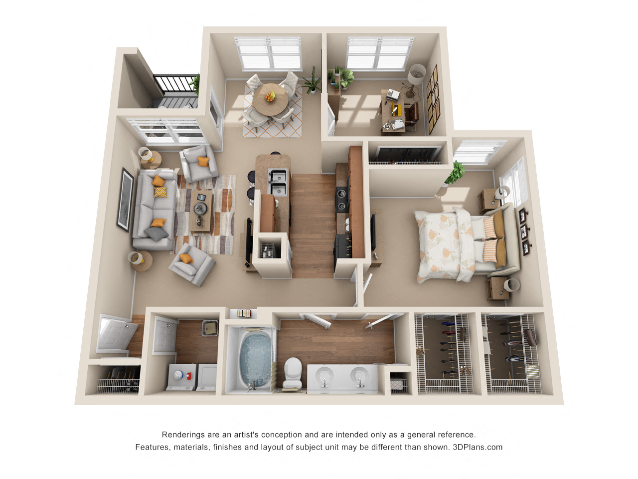 Floor plan for 1 bed, 1 bath, 966 sqft